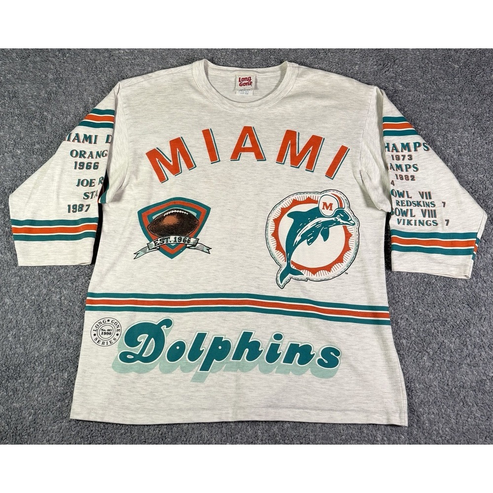 VTG 1990 Long Gone Miami Dolphins 3/4 Sleeve '72 Perfect Season Shirt Size L USA